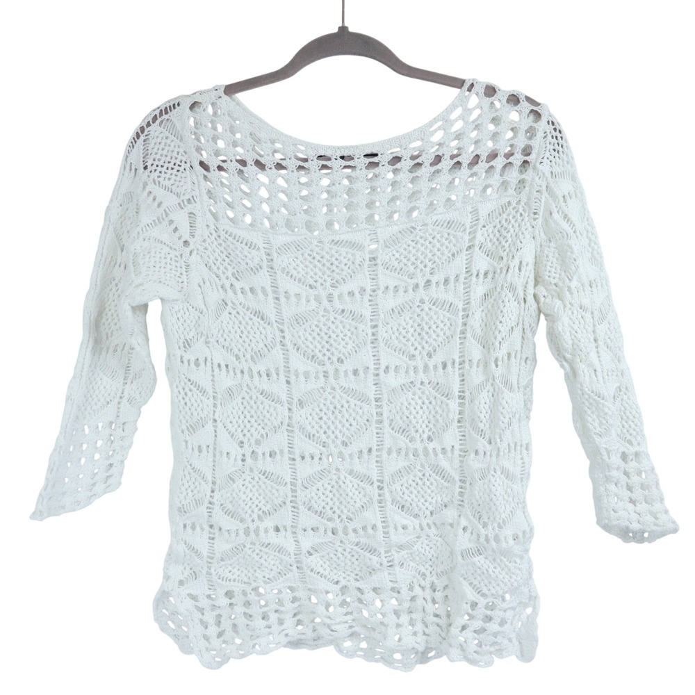 Jeanne Pierre White Crochet Knit Sweater 3/4‎ Sleeve 100% Cotton Womens L